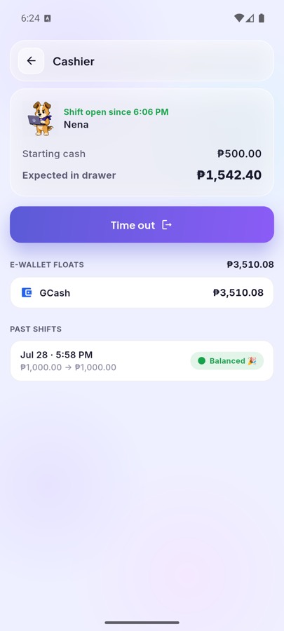Cashier screen showing starting cash, expected cash in drawer and e-wallet float balances.