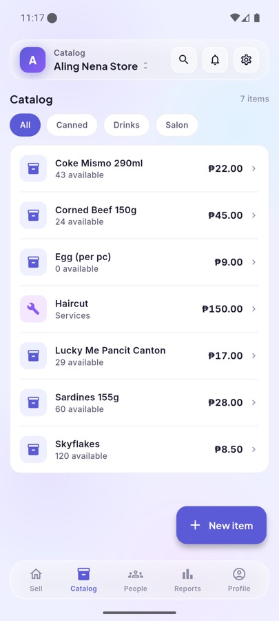 Catalogue list with category filters, prices and available stock.