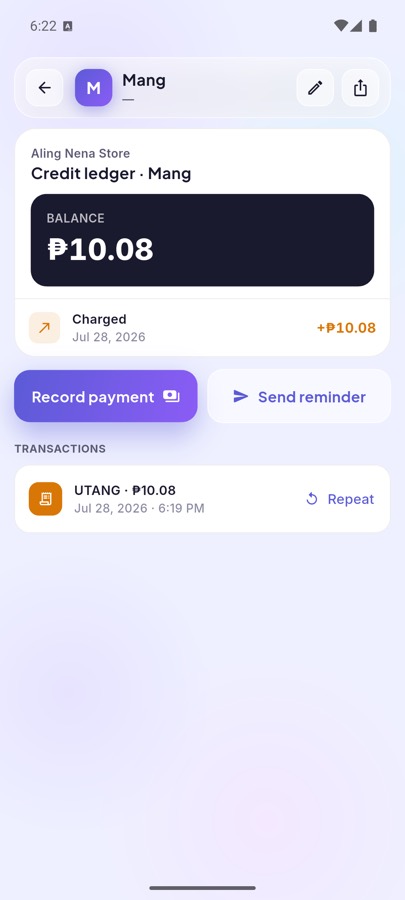 A customer's credit ledger with balance, charges and payments.