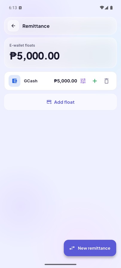 E-wallet floats screen listing a GCash float and its balance.