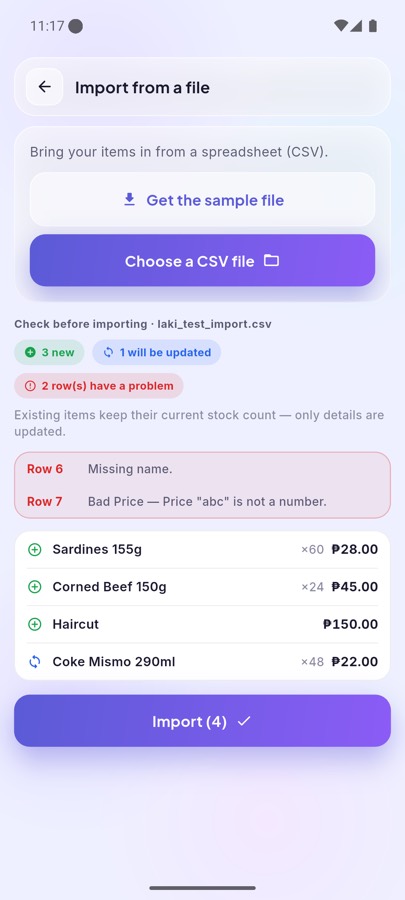 Import preview showing how many items are new, how many will be updated, and which rows have problems.
