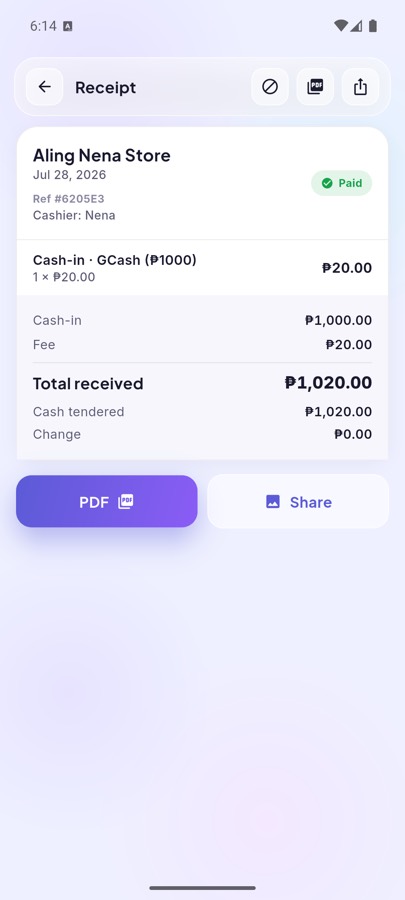 A branded receipt showing items, totals, cash tendered and change.