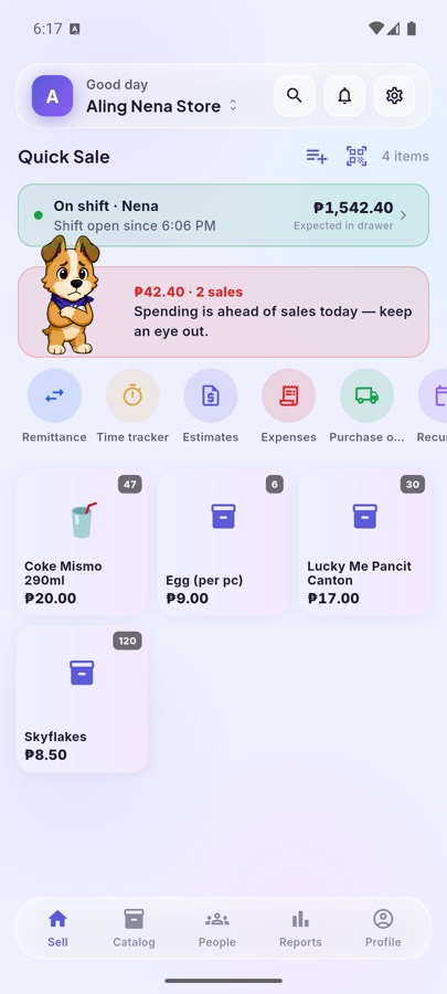The Sell screen: a grid of products with prices and stock counts, and a cash-drawer bar at the top.